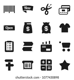 Flat vector icon set - credit card vector, money bag, new, open, barcode, receipt, cart, shopping list, calculator, mail, coupon, signpost, clothes, star