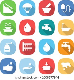 flat vector icon set - crisis vector, parachute, mortar, dropper, fountain, drop, water tap, bath, hand mill, watering, and, package, spot