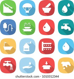 flat vector icon set - crisis vector, parachute, mortar, blood drop, dropper, fountain, water tap, bath, hand mill, watering, and, package, spot