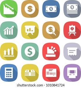 flat vector icon set - crisis vector, dollar, money, diagram, presentation, arrow, graph up, coin, cashbox, atm receipt, calculator, invoice