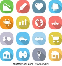 flat vector icon set - crisis vector, marker, heart, chip, graph up, globe, plane, scooter shipping, car baggage, bus, cart, home, coil, handle scales, house