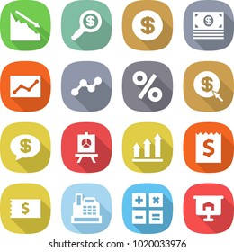 flat vector icon set - crisis vector, dollar magnifier, money, statistics, graph, percent, arrow, message, presentation, up, receipt, cashbox, calculator
