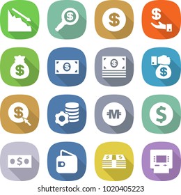 flat vector icon set - crisis vector, dollar magnifier, investment, money bag, gift, arrow, virtual mining, crypto currency, coin, wallet, atm