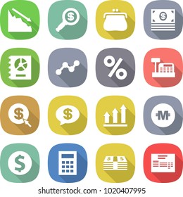 flat vector icon set - crisis vector, dollar magnifier, purse, money, annual report, graph, percent, cashbox, arrow, message, up, crypto currency, coin, calculator, invoice