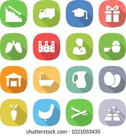 flat vector icon set - crisis vector, truck, graduate hat, gift, lungs, palace, support manager, port, warehouse, bath, jug, eggs, carrot, chicken, pruner, clean floor