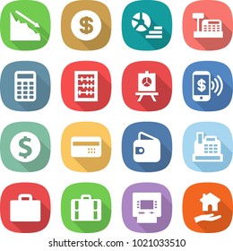 flat vector icon set - crisis vector, dollar, diagram, cashbox, calculator, abacus, presentation, phone pay, coin, credit card, wallet, suitcase, atm, housing
