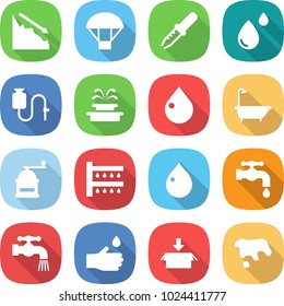 flat vector icon set - crisis vector, parachute, pipette, blood drop, dropper, fountain, bath, hand mill, watering, water tap, package, spot