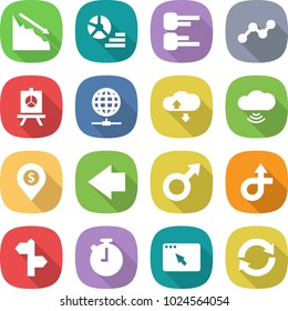 flat vector icon set - crisis vector, diagram, graph, presentation, globe connect, cloud service, wireless, dollar pin, left arrow, male sign, trip, signpost, stopwatch, browser window, reload