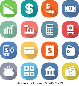 flat vector icon set - crisis vector, dollar, investment, money, diagram, cashbox, calculator, presentation, phone pay, credit card, receipt, wallet, purse, library