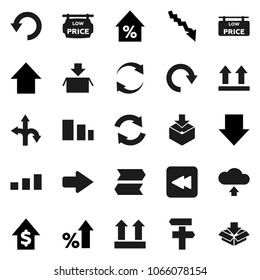 Flat vector icon set - crisis vector, percent growth, dollar, arrow down, up, route, top sign, package, sorting, backward button, refresh, redo, undo, cloud upload, low price signboard, signpost