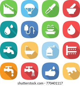 flat vector icon set - crisis vector, parachute, pipette, mortar, blood drop, dropper, fountain, water tap, bath, hand mill, watering, spot