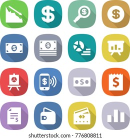 flat vector icon set - crisis vector, dollar, magnifier, money, diagram, presentation, phone pay, receipt, account balance, wallet, credit card, chart