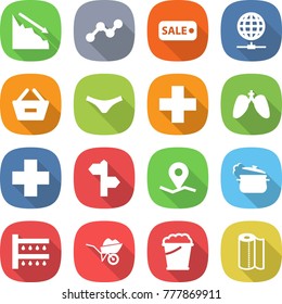 flat vector icon set - crisis vector, graph, sale, globe connect, remove from basket, underpants, medical cross, lungs, signpost, geo pin, steam pan, watering, wheelbarrow, foam bucket, paper towel