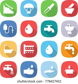 flat vector icon set - crisis vector, parachute, pipette, mortar, dropper, drop, water tap, sink, bath, watering, hand, and, package