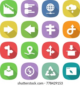 flat vector icon set - crisis vector, diagram, globe connect, cloud service, right arrow, left, singlepost, trip, signpost, geo pin, route, package, compass, recycle, browser window