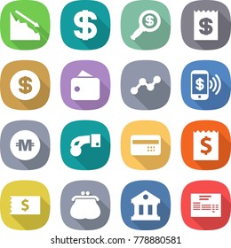 flat vector icon set - crisis vector, dollar, magnifier, receipt, wallet, graph, phone pay, crypto currency, hand coin, credit card, purse, library, invoice