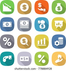 flat vector icon set - crisis vector, dollar, investment, money bag, gift, presentation, percent, arrow, graph up, virtual mining, hand coin, real estate
