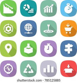 flat vector icon set - crisis vector, diagram, stopwatch, around gear, globe connect, target, add to cart, geo pin, package, signpost, compass, recycle, chart