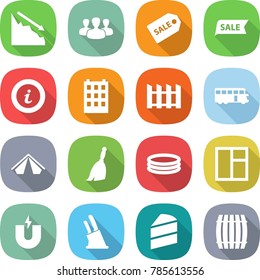 flat vector icon set - crisis vector, group, sale label, info, building, fence, bus, tent, broom, inflatable pool, window, magnet, knife holder, cake, barrel