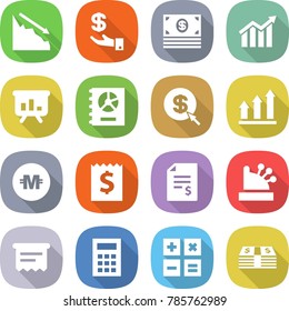 flat vector icon set - crisis vector, investment, money, diagram, presentation, annual report, dollar arrow, graph up, crypto currency, receipt, account balance, cashbox, atm, calculator
