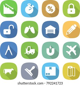 flat vector icon set - crisis vector, stopwatch, percent, lock, unlock, lungs, garage, pencil, drawing compasses, fork loader, magnet, plane, cow, scraper, package, paper towel