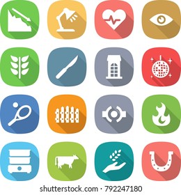 flat vector icon set - crisis vector, table lamp, heart pulse, eye, spikelets, scalpel, building, disco ball, tennis, fence, connect, fire, double boiler, cow, harvest, horseshoe