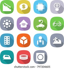 flat vector icon set - crisis vector, money message, chip, bulb brain, round around, wireless home, electric car, smart glasses, pills blister, 3d, workman, surfer, iron, inflatable pool