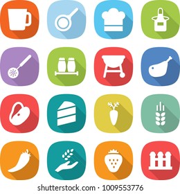 flat vector icon set - cup vector, pan, cook hat, apron, skimmer, salt pepper, bbq, chicken leg, beans, cake, carrot, spike, hot, harvest, strawberry, grain elevator