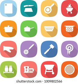 flat vector icon set - cutting board vector, pan, bbq, saute, colander, cook glove, skimmer, meat hammer, elecric oven, salt pepper, food processor, sieve