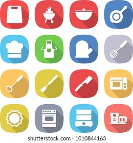 flat vector icon set - cutting board vector, bbq, cauldron, pan, cook hat, apron, glove, whisk, spatula, chef knife, grill oven, induction, double boiler, food processor