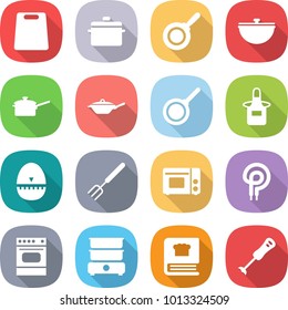 flat vector icon set - cutting board vector, pan, cauldron, saute, apron, egg timer, big fork, grill oven, elecric, double boiler, cooking book, blender