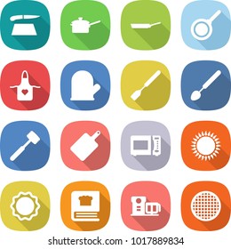 flat vector icon set - cutting board vector, saute pan, apron, cook glove, spatula, big spoon, meat hammer, microwave oven, gas, induction, cooking book, food processor, sieve