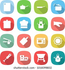 flat vector icon set - cutting board vector, saute pan, steam, cook hat, apron, glove, garlic clasp, grill oven, induction, blender, food processor, bbq