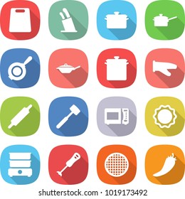 flat vector icon set - cutting board vector, stands for knives, pan, saute, cook glove, rolling pin, meat hammer, microwave oven, induction, double boiler, blender, sieve, hot pepper