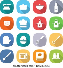 Flat Vector Icon Set - Cutting Board Vector, Pan, Cauldron, Vegetable Oil, Colander, Cook Hat, Apron, Glove, Egg Timer, Whisk, Big Spoon, Grill Oven, Cooking Book, Salt Pepper