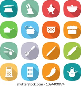 flat vector icon set - cutting board vector, stands for knives, bbq, cauldron, saute pan, steam, colander, chief hat, garlic clasp, whisk, knife, rolling pin, grater, pasta, hot pepper, apron