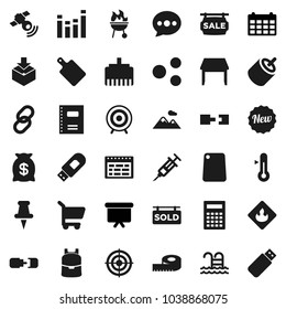 Flat vector icon set - cutting board vector, thermometer, bbq, copybook, backpack, calculator, schedule, presentation, calendar, measuring, target, pool, package, flammable, satellitie, equalizer