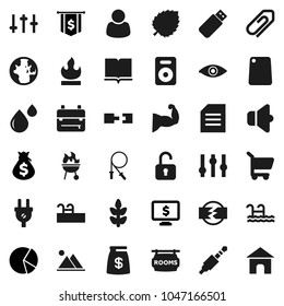 Flat vector icon set - cutting board vector, bbq, book, backpack, world, document, leaf, pie graph, money bag, dollar flag, monitor, jump rope, muscule hand, cereals, flammable, speaker, settings