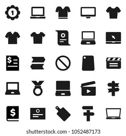 Flat vector icon set - cutting board vector, notebook pc, certificate, annual report, t shirt, medal, prohibition sign, signpost, cinema clap, monitor, clothes