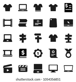 Flat vector icon set - cutting board vector, notebook pc, certificate, annual report, t shirt, medal, signpost, cinema clap, film frame, monitor, clothes