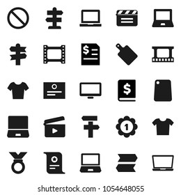 Flat vector icon set - cutting board vector, notebook pc, certificate, annual report, t shirt, medal, prohibition sign, signpost, cinema clap, film frame, monitor, clothes