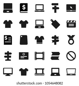 Flat vector icon set - cutting board vector, notebook pc, certificate, annual report, t shirt, medal, prohibition sign, signpost, cinema clap, film frame, monitor, clothes