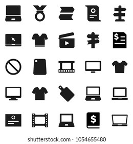 Flat vector icon set - cutting board vector, notebook pc, certificate, annual report, t shirt, medal, prohibition sign, signpost, cinema clap, film frame, monitor, clothes