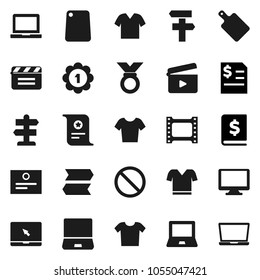 Flat vector icon set - cutting board vector, notebook pc, certificate, annual report, t shirt, medal, prohibition sign, signpost, cinema clap, film frame, monitor, clothes