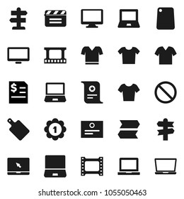 Flat vector icon set - cutting board vector, notebook pc, certificate, annual report, t shirt, medal, prohibition sign, signpost, cinema clap, film frame, monitor, clothes