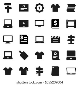 Flat vector icon set - cutting board vector, notebook pc, certificate, annual report, t shirt, medal, signpost, cinema clap, film frame, monitor, clothes