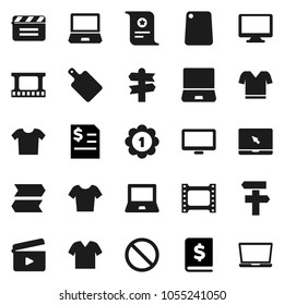 Flat vector icon set - cutting board vector, notebook pc, certificate, annual report, t shirt, medal, prohibition sign, signpost, cinema clap, film frame, monitor, clothes