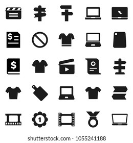 Flat vector icon set - cutting board vector, notebook pc, certificate, annual report, t shirt, medal, prohibition sign, signpost, cinema clap, film frame, clothes