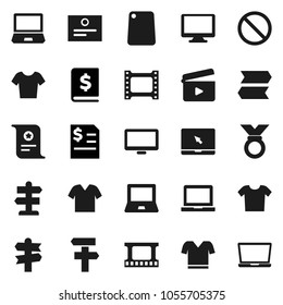 Flat vector icon set - cutting board vector, notebook pc, certificate, annual report, t shirt, medal, prohibition sign, signpost, cinema clap, film frame, monitor, clothes
