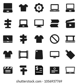 Flat vector icon set - cutting board vector, notebook pc, certificate, annual report, t shirt, medal, prohibition sign, signpost, cinema clap, film frame, monitor, clothes